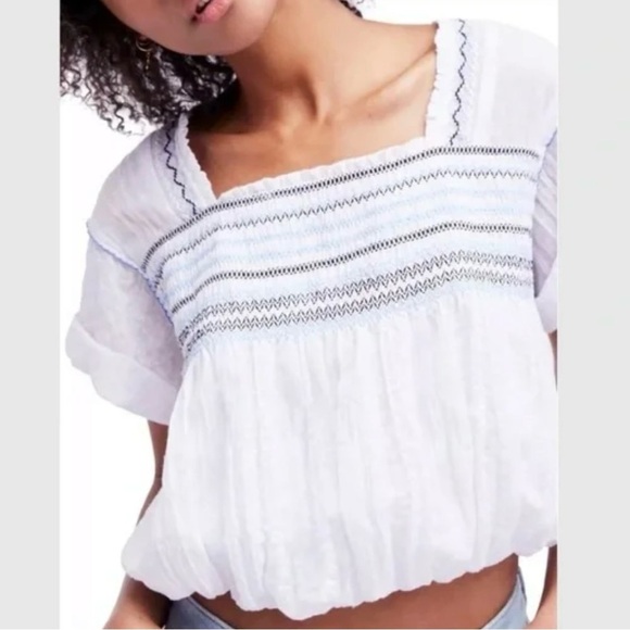 Free People Wandering Skies Smocked Top, Small - Picture 2 of 9